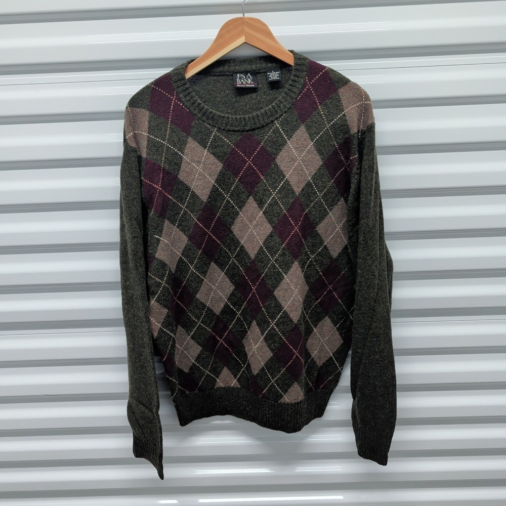 Jos. A. Bank Sweater Size L Mens Argyle Lambswool Blend Green Burgundy Crewneck